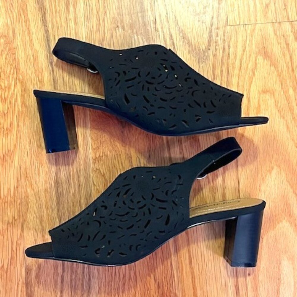 COMFORTVIEW | Black Open Toe Slingback Cutout design Sz 8.5M Vegan-EUC